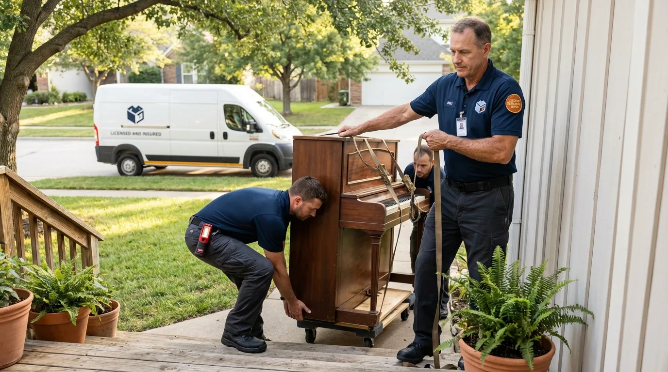 Licensed piano movers securing grand piano in Murphy, ID